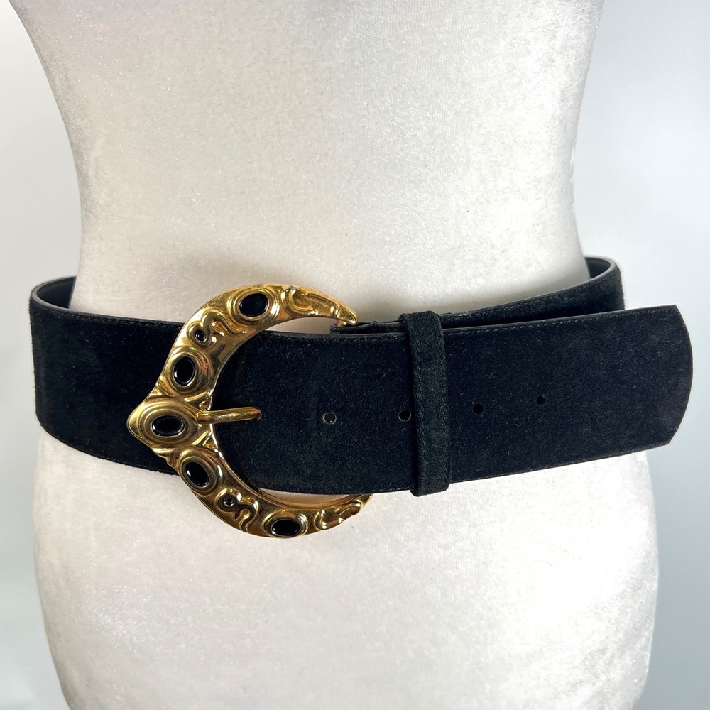 Vintage Black Suede Leather Wide Belt Gold Tone Ornate Cabochon Buckle Size M L